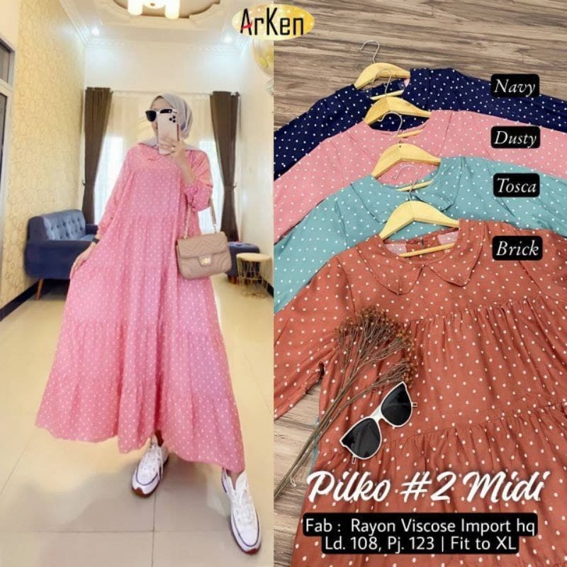 Chiki Midi Dress -  Midi Dress Susun Polkadot Rayon Premium Baju Wanita Kekinian Lengan Panjang Maxydress Kerah Peterpan LD 110 cm