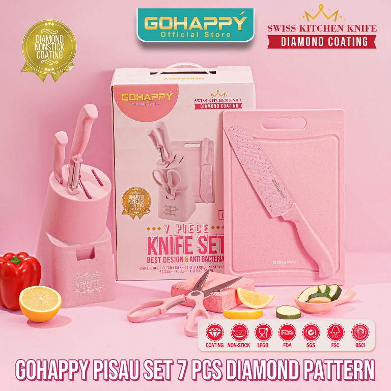 Pisau Set GOhappy Diamond Knife Telenan Gunting Set Pink Free Holder Pisau Cantik