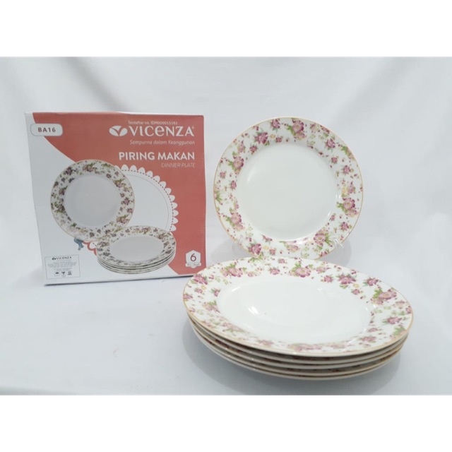 Piring makan keramik vicenza 10,5” motif mawar / melati ( 6pcs )