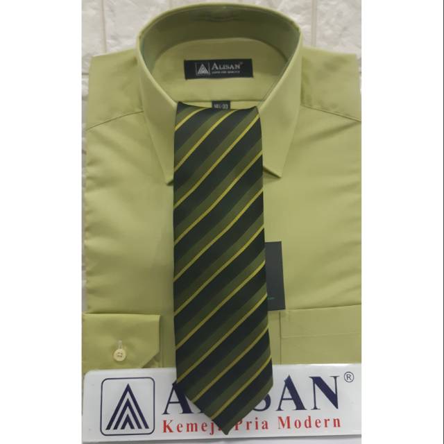 Kemeja Alisan polos warna hijau lengan panjang + dasi hijau motif