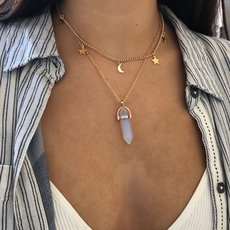 Kalung Rantai Dengan Liontin Batu Opal Heksagonal Gaya Bohemian Untuk Wanita