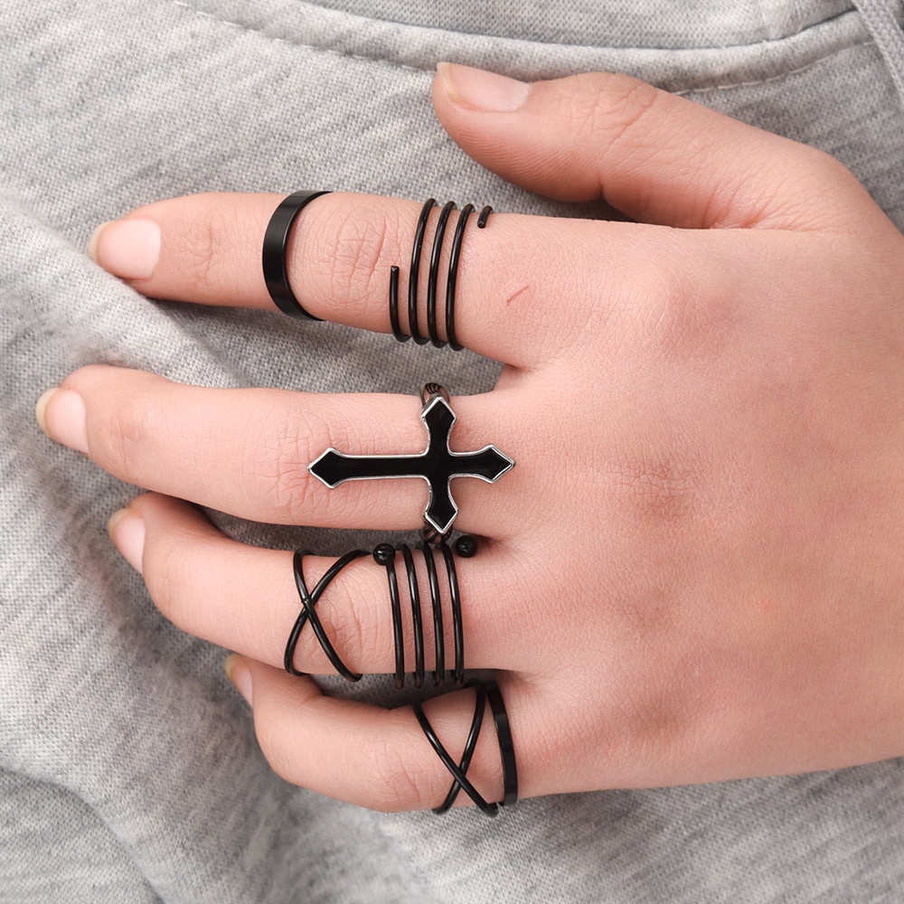 3 / 6Pcs / Set Cincin Jari Model Terbuka Tipis Dapat Disesuaikan Warna Hitam Gaya Vintage Punk Untuk Hadiah