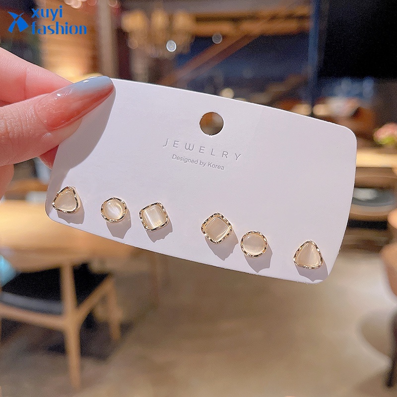 3 Pasang / Set Anting Stud Opal Geometris Gaya Elegan Untuk Aksesoris Perhiasan Wanita