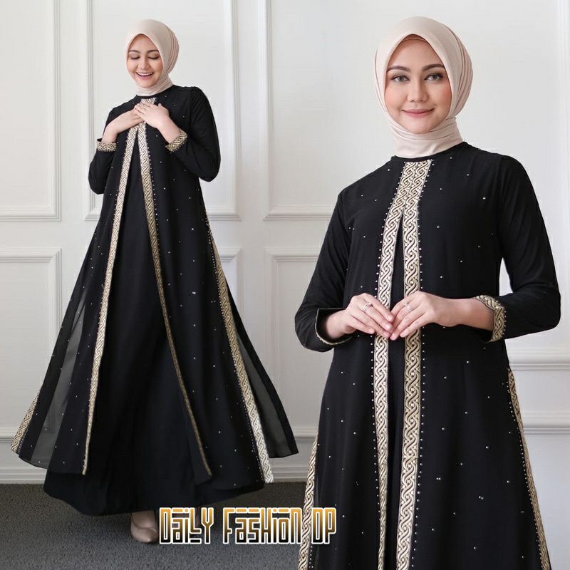 Abaya Bordir Emas Dress Sifon Tengah - Gamis Sifon Tengah Mewah | Abaya Sifon Renda MegaStore