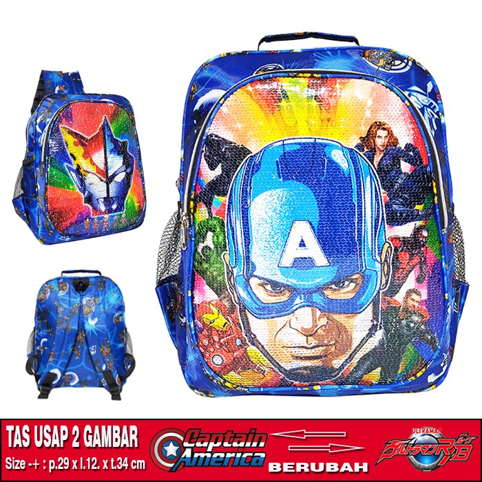 TAS RANSEL USAP 2 GAMBAR KARAKTER CAPTAIN AMERICA - ULTRAMAN ANAK SEKOLAH TK / SD TAS SEQUIN