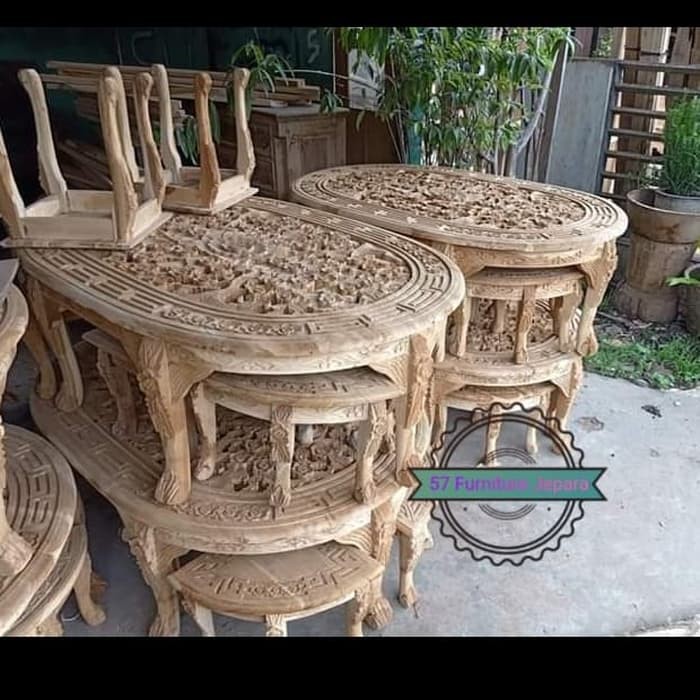 Meja makan model Oval ukir Jepara - meja Oshin kursi 6 jati mentahan
