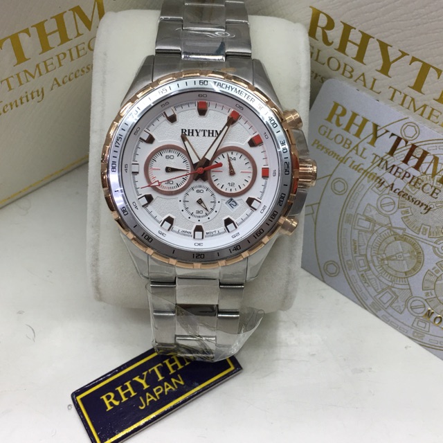 Jam tangan RHYTHM S1411S04 sport chronograph on silver rosgold original