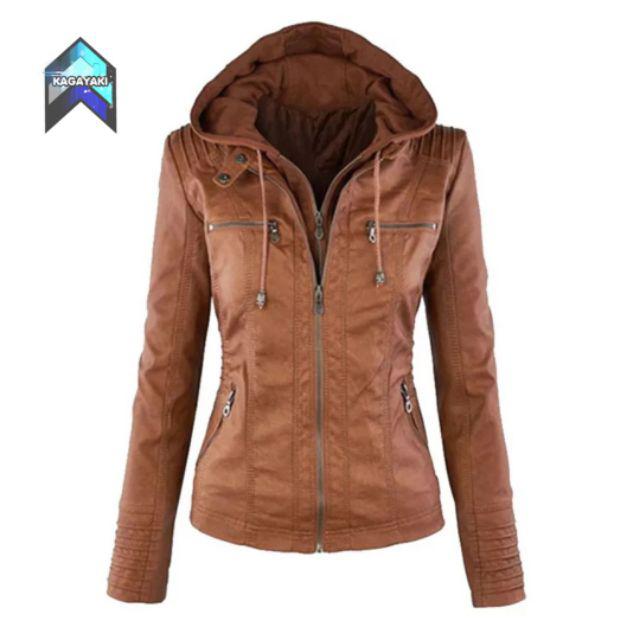 Jaket kulit sintetis wanita / jaket semi kulit hoodie / jaket murah /  fashion wanita-Tan