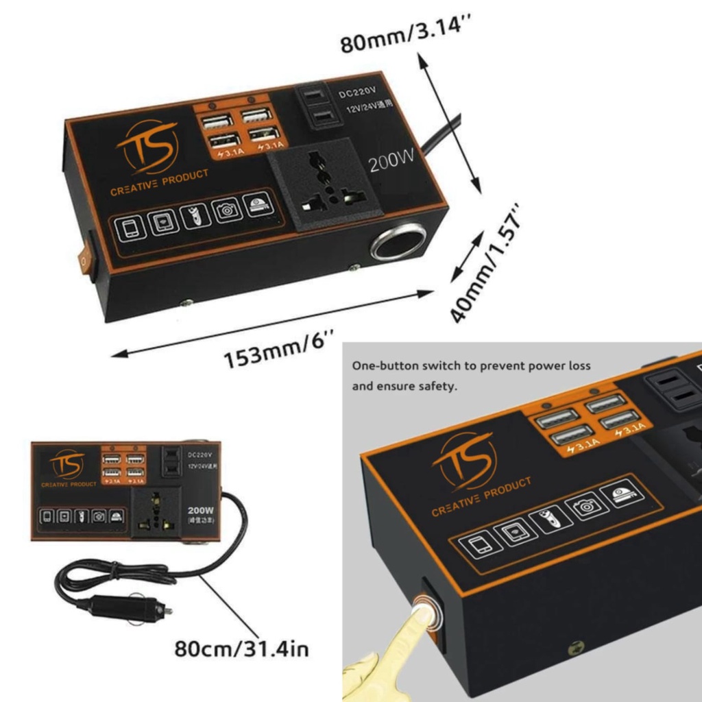 INVERTER 200 W Car INVERTER DC-AC 220V Power Supply Inverter QC 3.0 USB ADAPTOR FAST ChargeR