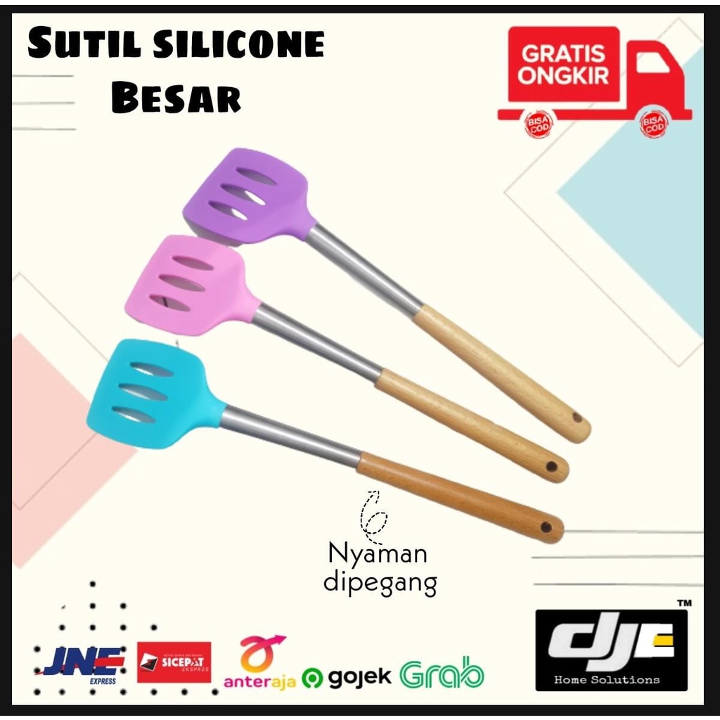 sutil spatula irus silicone tahan panas gagang kayu ukuran besar