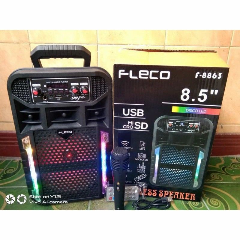 Speaker Bluetooth Karaoke FLECO F-8863 Bonus Microphone + Remote 8'5 Inchi Super Bass Original