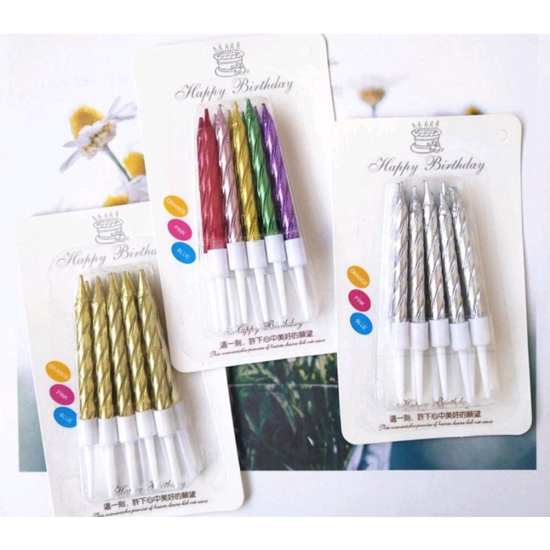 Lilin Ulang Tahun 10 Pcs / Lilin Ulir Metalik / Birthday Candle Party Warna Warni Murah Import
