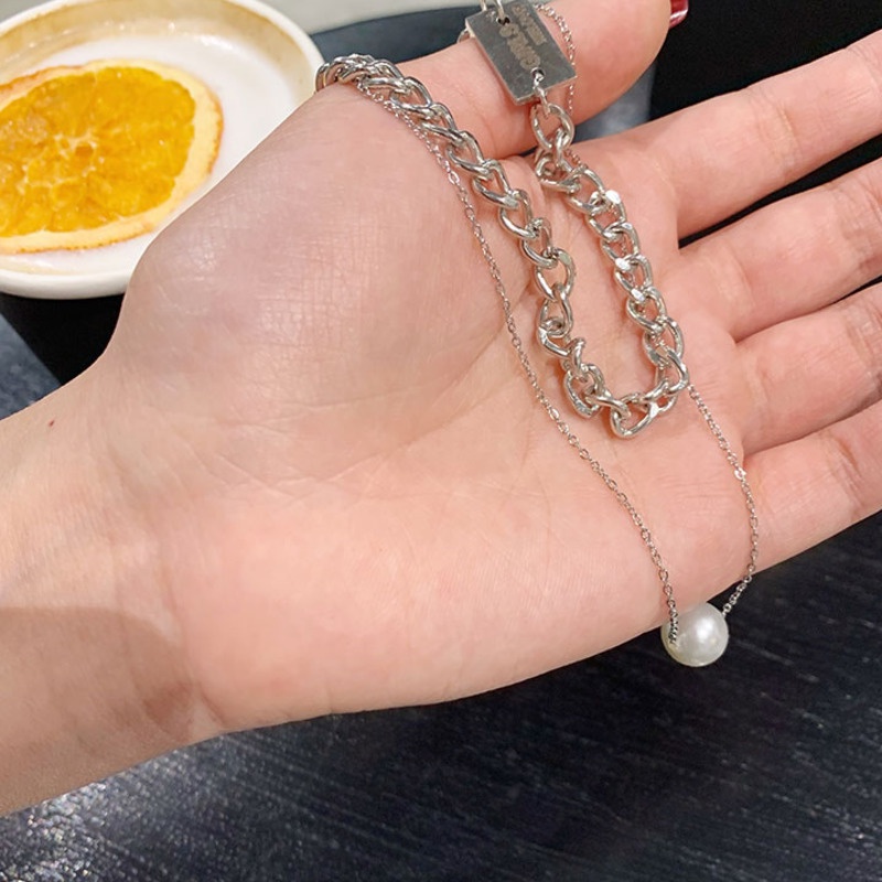 Kalung Rantai Klavikula Dengan Liontin Mutiara Ganda Gaya Korea Untuk Aksesoris