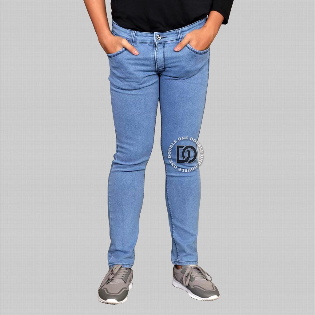 DOUBLE ONE Celana Jeans Panjang Pria Slim Fit Original FIFTEEN DENIM Biru Muda Polos