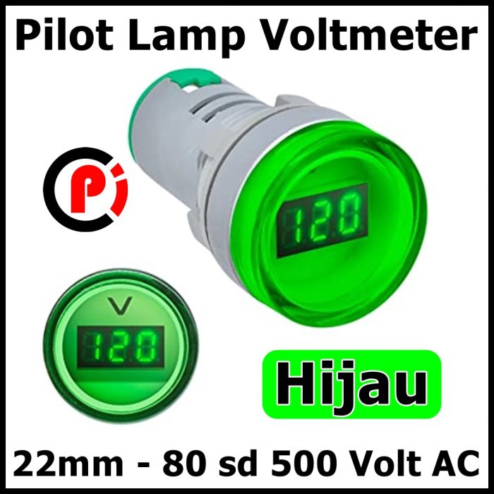 Pilot Voltmeter 22mm Bulat 80 - 500 Volt V Indikator Tegangan AC Hijau