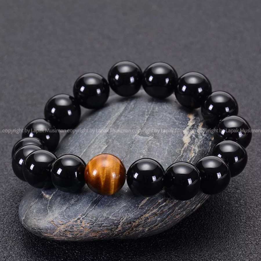 [Bayar di Tempat] Gelang Pria Batu Giok Hitam Tiger Eye Super Keren