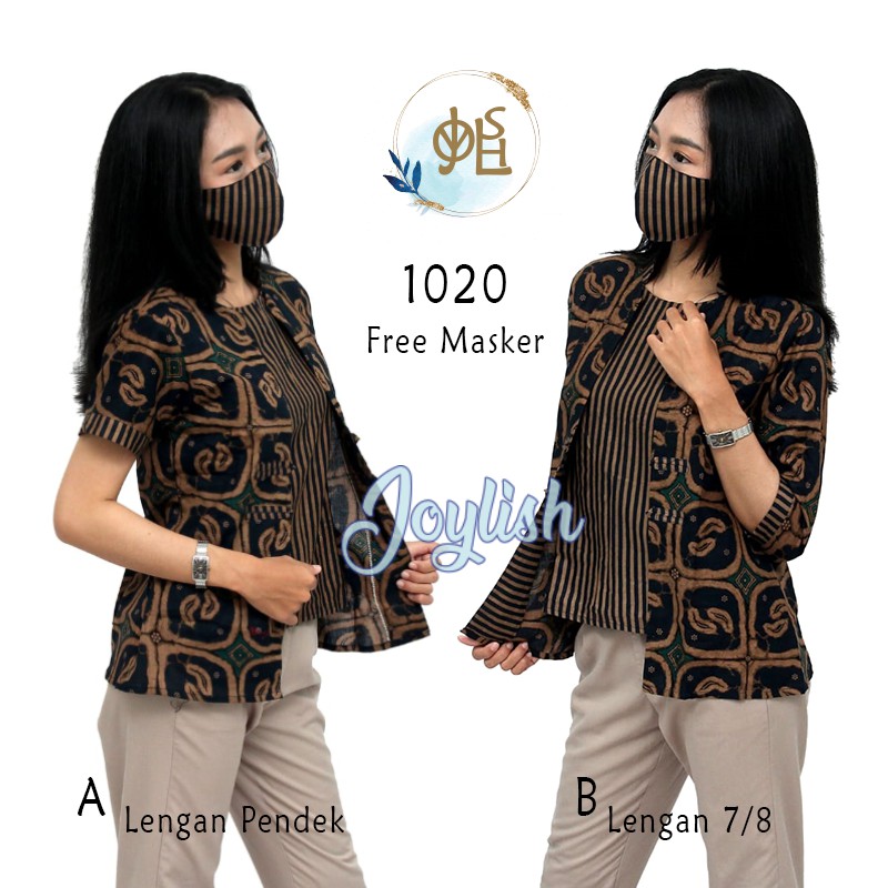 1020 Blouse Batik Mengapit Lurik - Free Masker, Atasan Blus Wanita Coklat Lengan Pendek 3/4 7/8