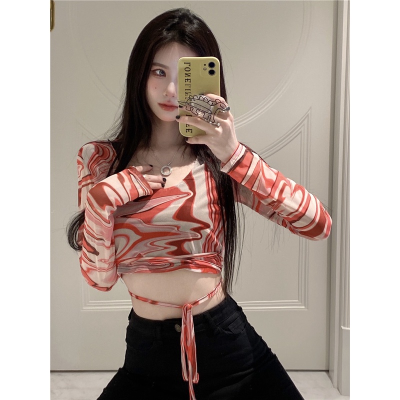 Suhao ~ Mesh Cropped POLO Zebra Print Lengan Panjang T-Shirt Atasan Bertali