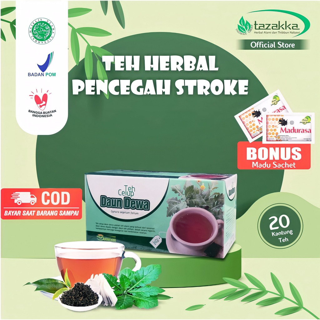 

Teh Daun Dewa Untuk Stroke Terapi Melancarkan Peredaran Darah Antioksidan Tazakka Original Halal BPOM Isi 20 Kantung Celup Tea Bag Obat Struk Ringan Minuman Kesehatan Herbal Hipertensi Jantung Koroner