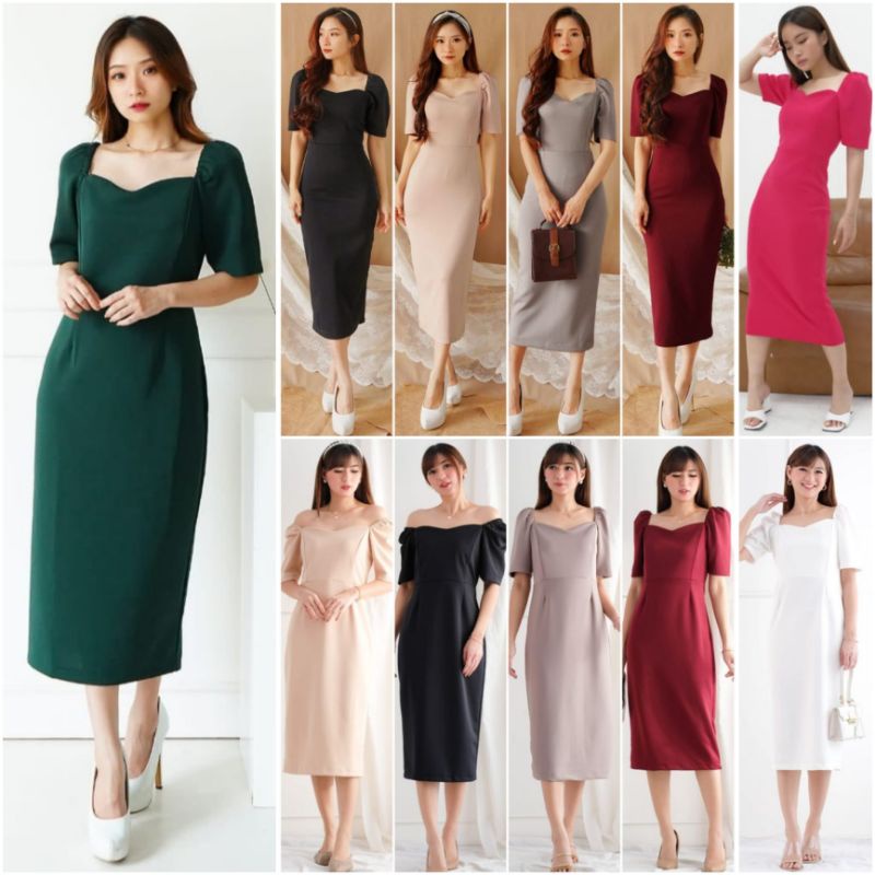 ❣️ SPECIAL PRICE ♡ PREMIUM ♡ ORIGINAL ! JANETH ELEGANT [ SIZE : S &amp; L ] VINTAGE PLAIN BODYCON MIDI SIMPLY PARTY DRESS