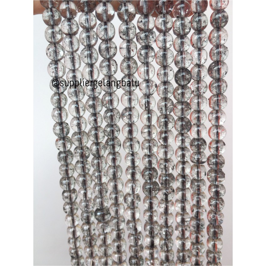 Semi Stone Rutilated Kuarsa Quartz Bintik 6mm Renceng Gelang Kalung Black Glass Bead Grey Rencengan