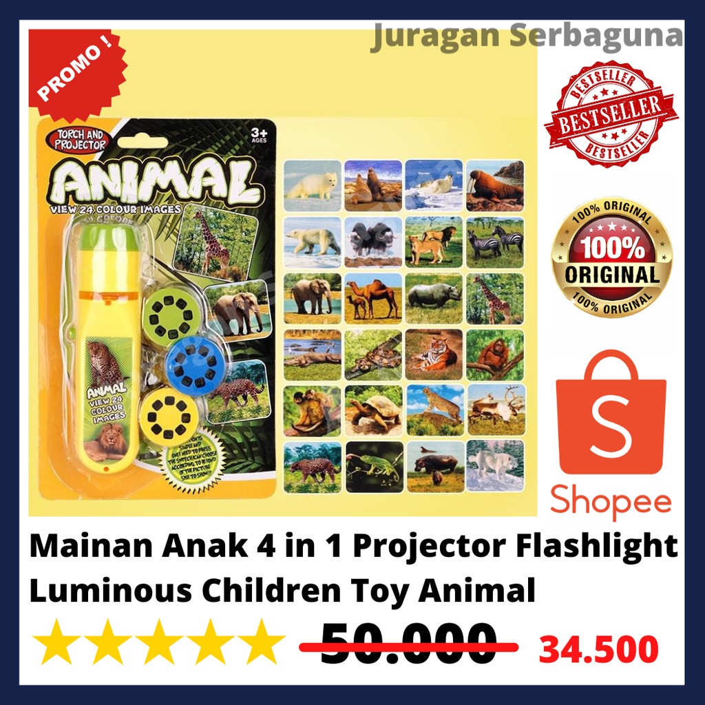 Mainan Anak 4 in 1 Projector Flashlight Luminous Children Toy Animal