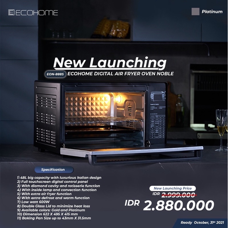 ECOHOME DIGITAL AIR FRYER OVEN EON-888S Dengan fungsi defrost