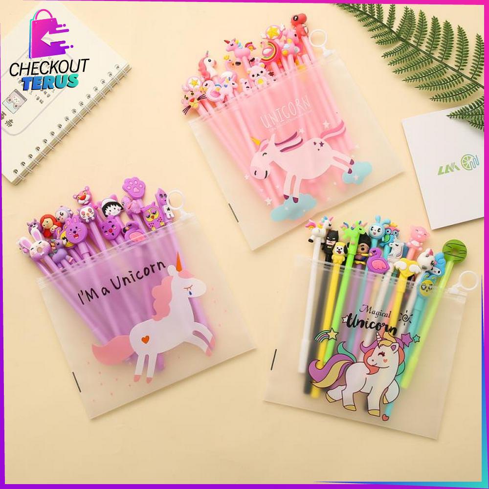 CT A15 Pulpen Gel Karakter Lucu Set Isi 20PCS Pulpen dengan Tempat Pensil Transparan Alat Tulis Stastionary Pena FREE Zipper Pouch
