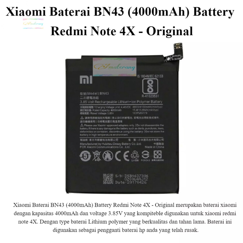 BATERAI XIAOMI BN43 / BATRE XIAOMI REDMI NOTE 4X BATT BATTERY ORIGINAL