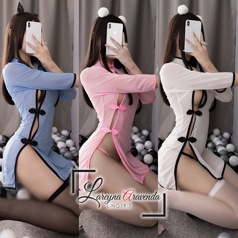 Set Lingerie + G String Seksi Model Costume Cheongsam Klasik Transparant Premium LG452