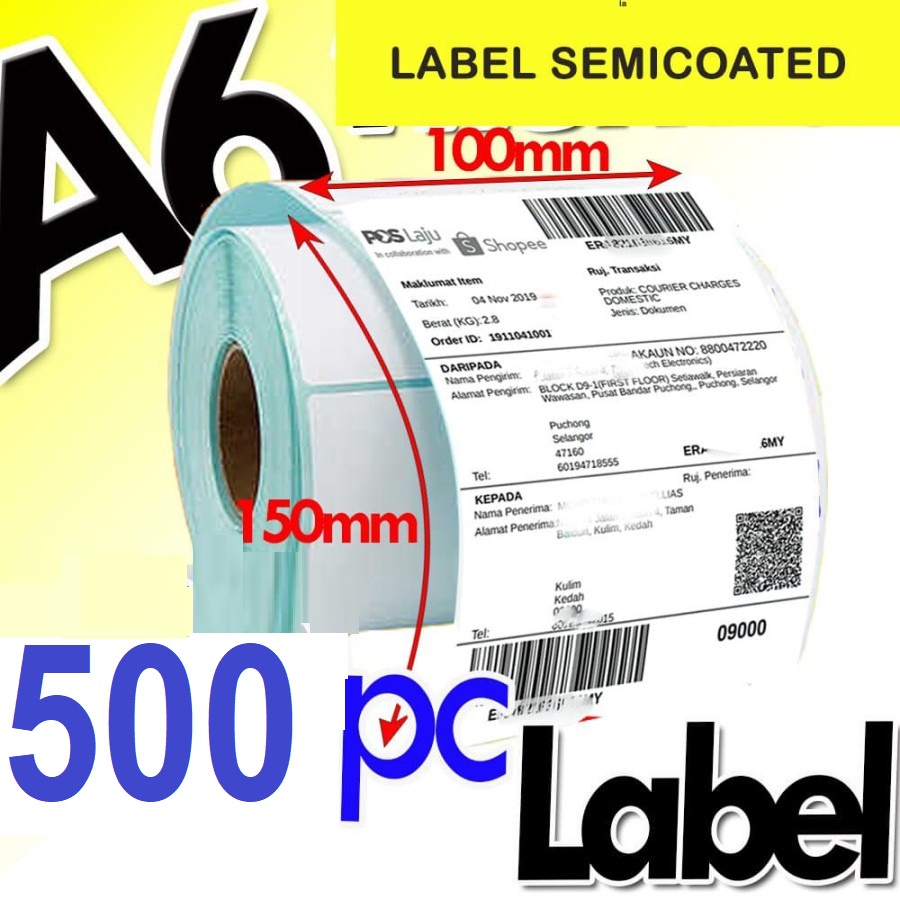 

< SMARTCOM > Label STICKER THERMAL BARCODE 100x150mm 10x15cm 500 PCS Size A6