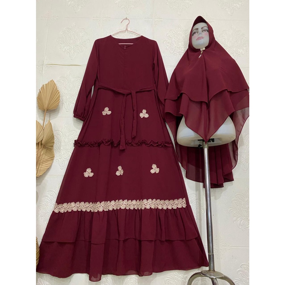 Gamis Syari Ceruty Renda / Gamis Terbaru Mix Renda Bunga Cantik / Gamis Ceruty Babydoll