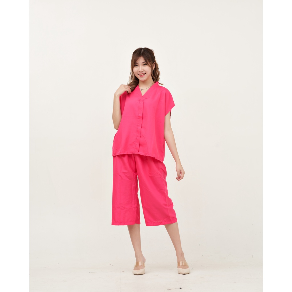 IZANY Piyama Dewasa Daily ONE SET V / SET Kulot Kimono PLAIN Polos-DEEP PINK PLAIN