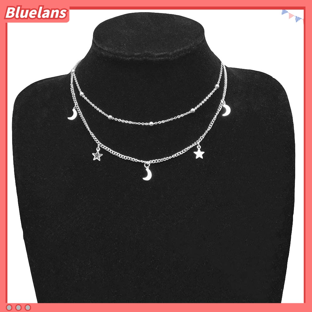 Kalung Rantai Choker Model Rumbai Double Layer Bentuk Bulan Bintang Untuk Wanita