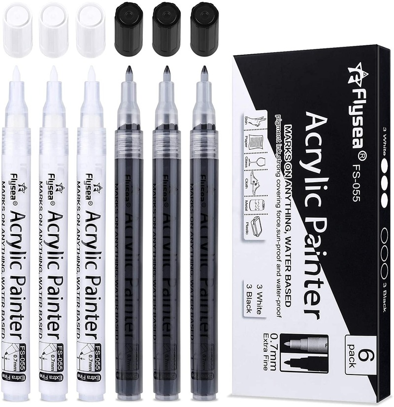 6pcs/pack Black White Acrylic Paint Markers Pens for Rock Painting Wood, Metal, Stone, Ceramic, Glass, Graffiti, Paper, Drawing Water-based