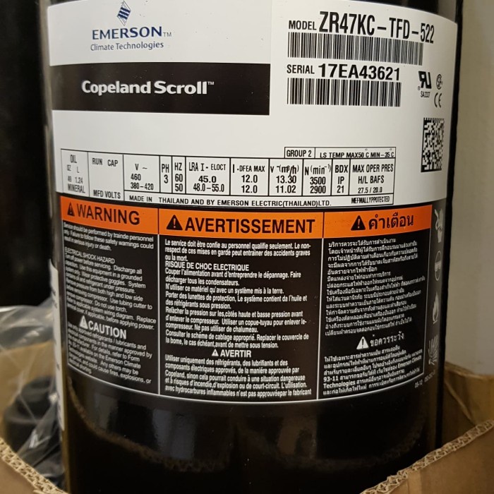 COMPRESSOR COPELAND ZR-47 / ZR47 / ZR 47 / ZR47KC-TFD-522