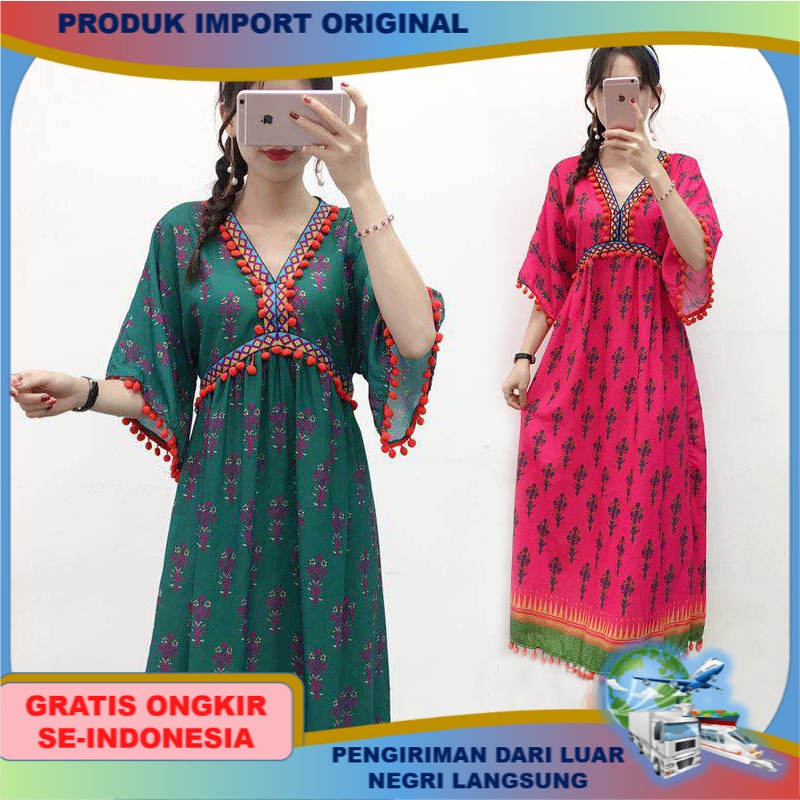 Gaun Liburan Perempuan Bangsawan Nepal Vietnam V-neck Batwing dengan style Lengan Jumbai Rok Panjang