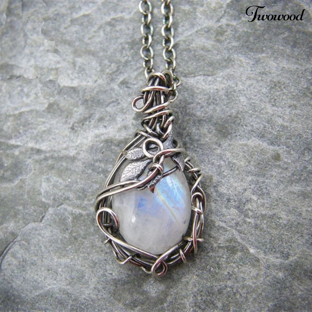 Twowood Clavicle Necklace Extension Chain Leaf Print Fine Workmanship Faux Moonstone Pendant Charm Necklace for Women