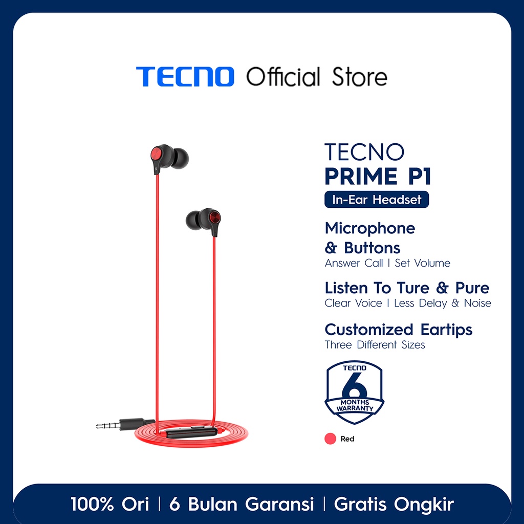 TECNO Prime P1 Earphone [In-Ear Headset, Handsfree Mic Universal, Pure Stereo Sound Effect, 3.5 mm Jack, 1,2 m Length, IOS/Android]