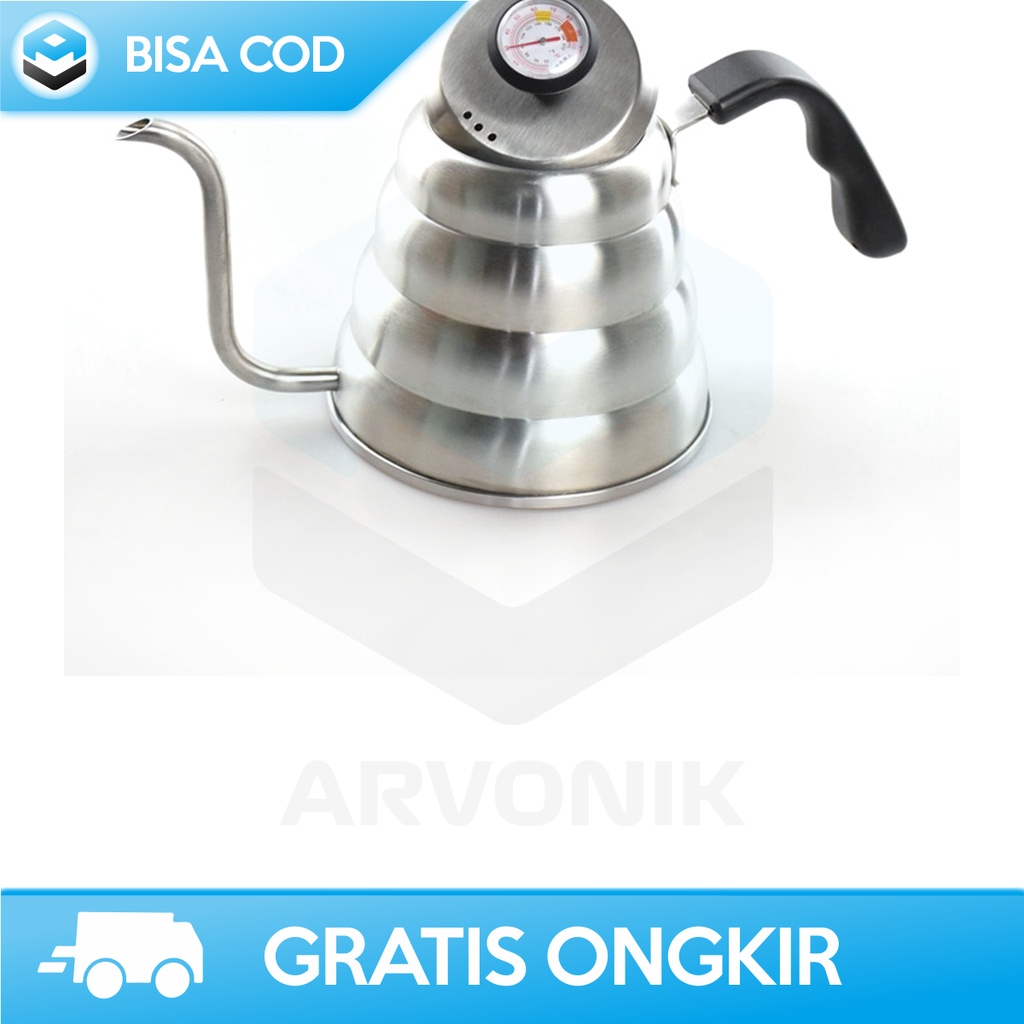 TEKO KOPI TEH LEHER ANGSA ONETWOCUPS V60 STAINLESS TERMOMETER 1 LITER