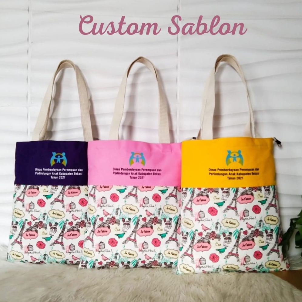 TAS TOTE BAG WANITA RESLETING / TAS TOTE KANVAS tebal untuk BELANJA KULIAH BISA CUSTOM SABLON TT 022