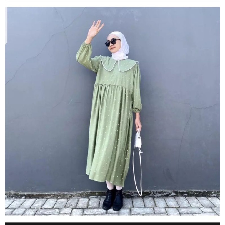 Midi dress/ midi dress rayon/ midi dress jumbo/ midi dress muslim / Dress muslimah / midi dress ld 120cm / dress jumbo/ midi dres/ dress rayon-Sanso hijau Korea