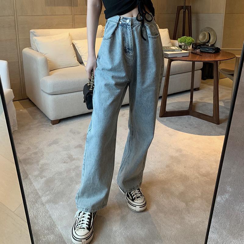 Celana Panjang High Waist Korean Straight Jeans Jeans Wanita Kekinian Biru salju