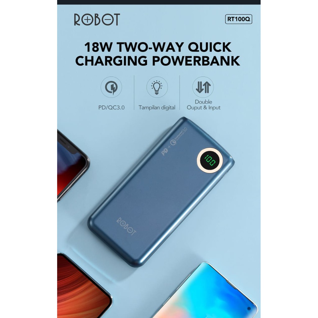 Power Bank Quick Charge 10000 mAh Robot RT100Q - 18W Powerbank Two Way RT 100 Q