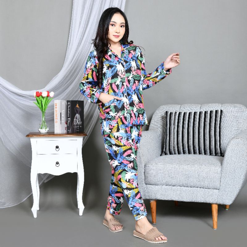 Baju Tidur Piyama Wanita/Cewek Pajamas Dewasa Katun Motif Daun Pastel PP Lengan Panjang Kekinian