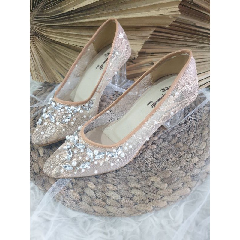 sepatu wedding nude raisha diamont wanita sepatu wedding 7cm kaca