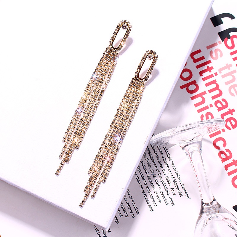 Gold and Silver Rectangle Hollow Geometric Long Tassel Rhinestone Stud Earrings