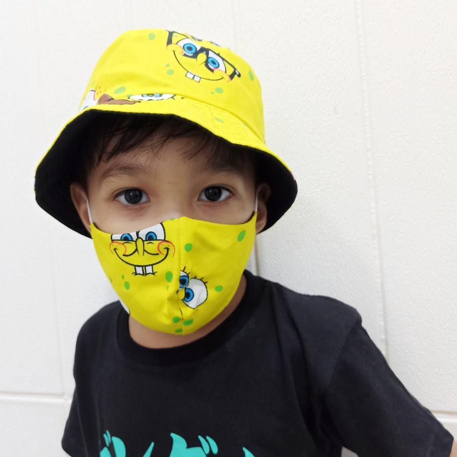 Recomend Topi Bucket Hat Anak Spongebob Kuning FREE MASKER Laki-Laki Cowok balita Kids Motif Kid TK 