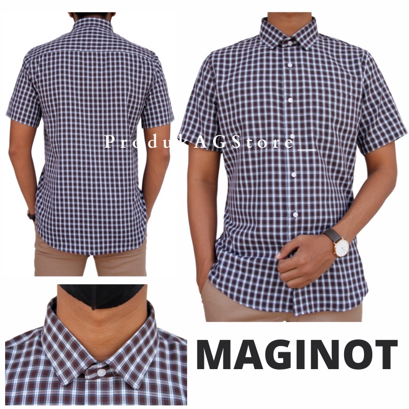 Kemeja Formal Slimfit Maginot Lengan Pendek Pria Hitam Motif Kotak-kotak 01 Good Quality 100% Original