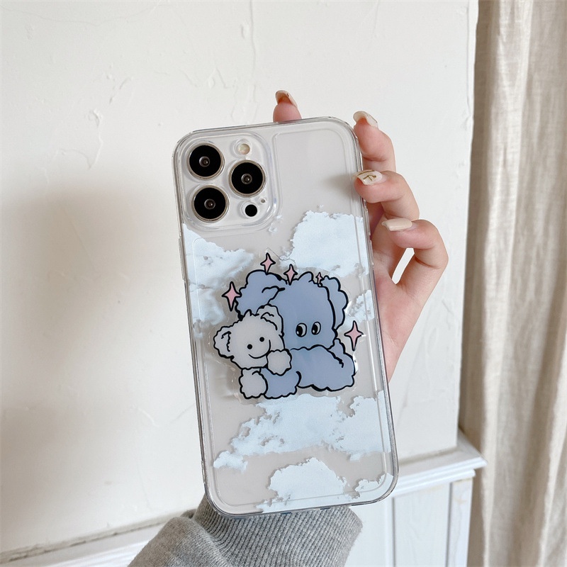 Case Pelindung Motif Awan Putih Dengan Holder Gajah Untuk Iphone 7 8 PLUS X XR XS 11 12 13 MINI PRO MAX SE 2020